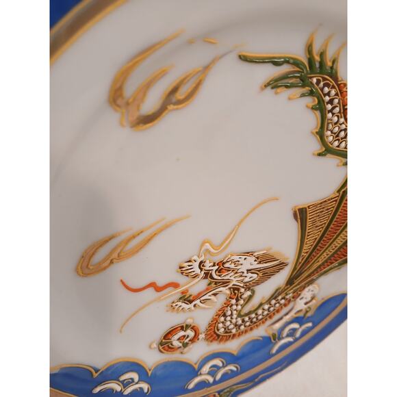 Japanese Moriage Hand Painted Dragonware 7.5" Plate Blue Band 3D Dragon & Flame - Picture 16 of 16